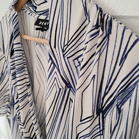 DKNY Women's Short-Sleeve Cream & Blue Geometric Print blouse with wrap front - Picture 8 of 9